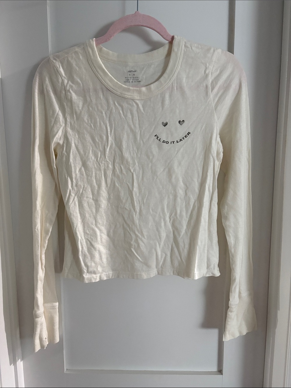 Cream Long-Sleeve Graphic Tee - "I'll Do It Later"